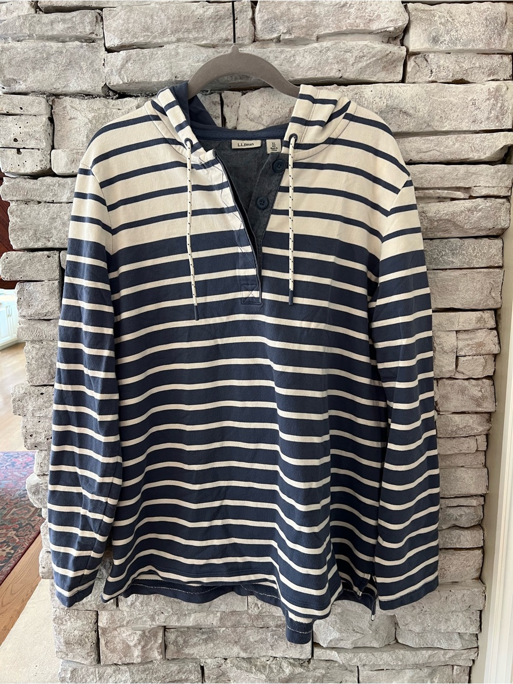 L.L. Bean Navy and White Striped Hooded Henley Pullover